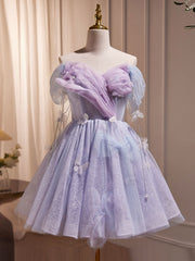 Formal Dresses For Weddings Guest, Purple Off Shoulder  Tulle Short Prom Dress, Purple Homecoming Dress