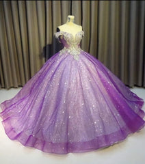 Prom Dresses Modest, Purple Off The Shoulder Ball Gown Bling Bling Prom Dress