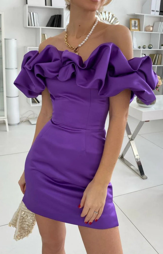 Party Dress Aesthetic, Purple Off the Shoulder Bodycon Homecoming Dresses Satin Maxi Cocktail Dress