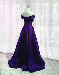 Wedding Guest, Purple Satin Off Shoulder Long Prom Dress, A-line Simple Purple Formal Dress