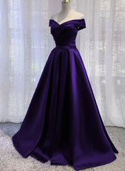 Cute Prom Dress, Purple Satin Off Shoulder Long Prom Dress, A-line Simple Purple Formal Dress