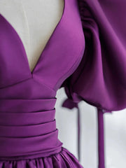 Formal Dresses For Black Tie Wedding, Purple Satin Puffy Sleeves Long Party Dress, Dark Purple Evening Dress