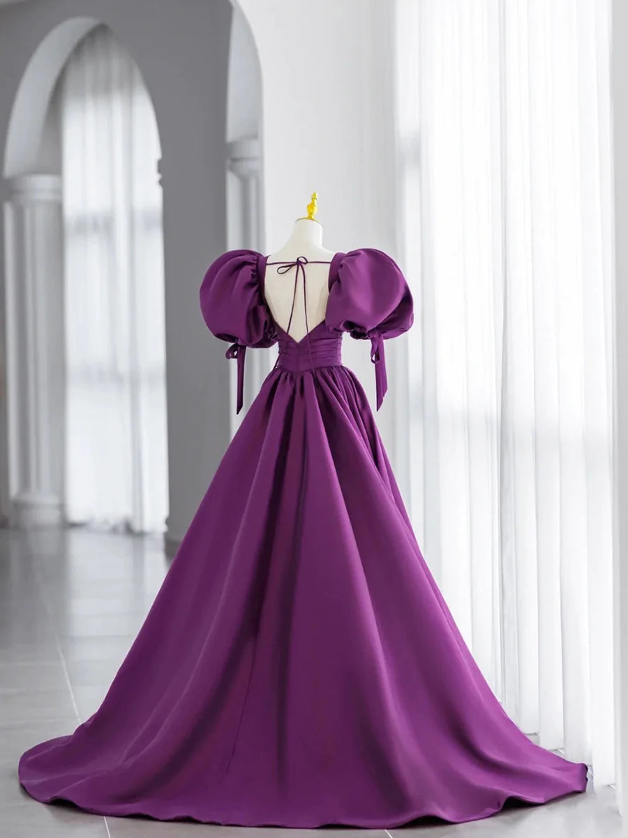 Formal Dress Modest, Purple Satin Puffy Sleeves Long Party Dress, Dark Purple Evening Dress