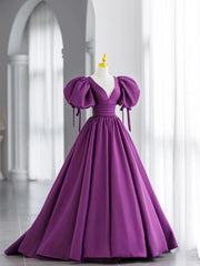 Formal Dresses Modest, Purple Satin Puffy Sleeves Long Party Dress, Dark Purple Evening Dress