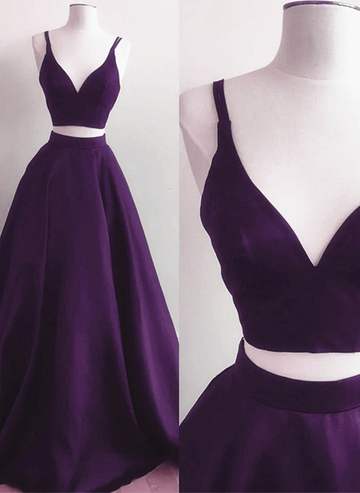 Maxi Dress, Purple Satin Two Piece Long Party Dress, A-line Purple Evening Dress Prom Dress