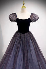 Prom Dresses Long With Sleeves, Purple Scoop Tulle Long A-Line Prom Dress, Lovely Short Sleeve Evening Dress