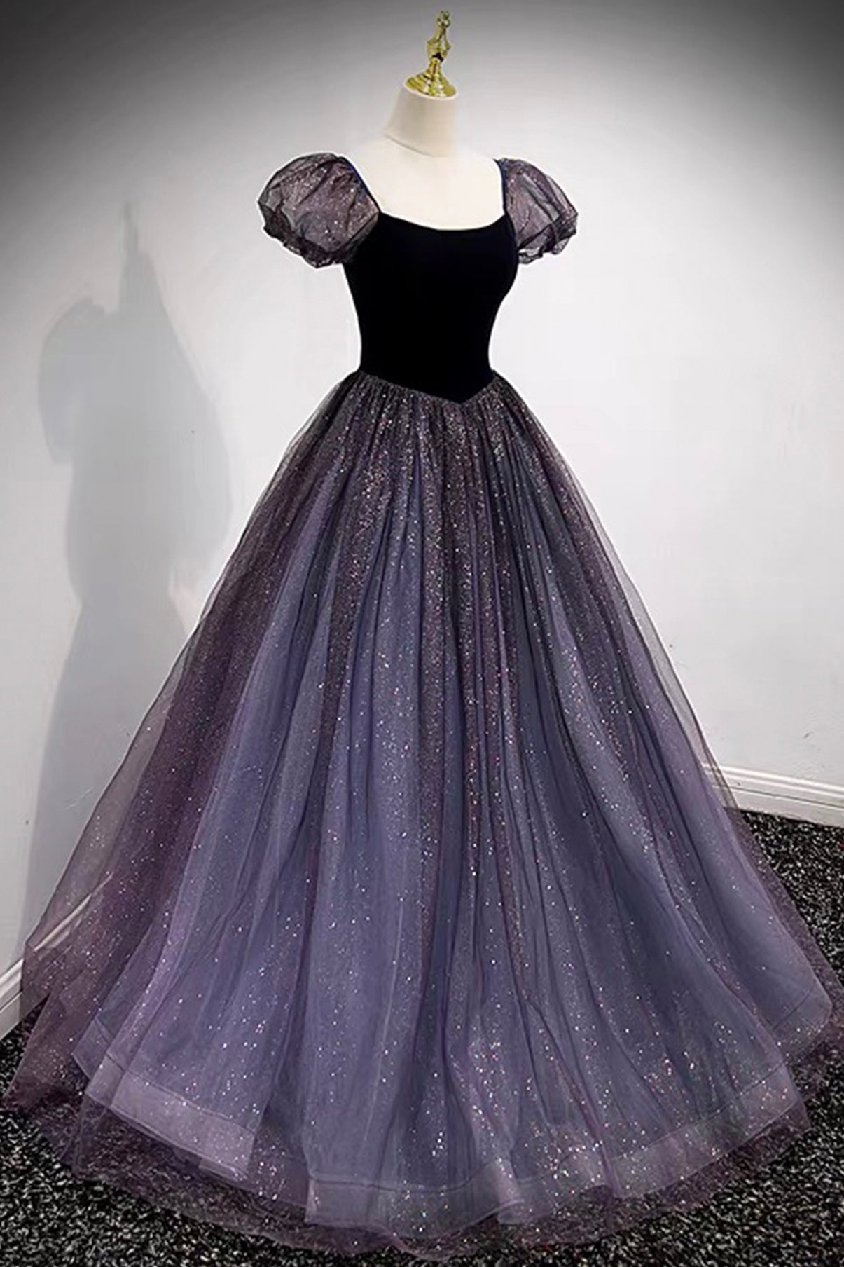 Prom Dress Long Mermaid, Purple Scoop Tulle Long A-Line Prom Dress, Lovely Short Sleeve Evening Dress