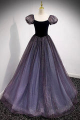 Prom Dress Long With Sleeves, Purple Scoop Tulle Long A-Line Prom Dress, Lovely Short Sleeve Evening Dress