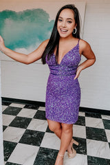 Purple Sequins Backless Tight Short Homecoming Dress