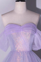 Party Dress Look, Purple Sequins Long A-Line Prom Dress, Off the Shoulder Evening Party Dress