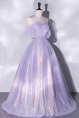 Party Dress Outfit Ideas, Purple Sequins Long A-Line Prom Dress, Off the Shoulder Evening Party Dress