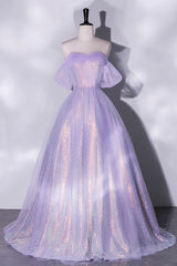 Party Dresses Teen, Purple Sequins Long A-Line Prom Dress, Off the Shoulder Evening Party Dress