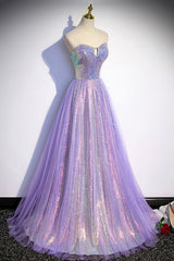 Party Dress Reception Wedding, Purple Sequins Long A-Line Prom Dress, Purple Strapless Evening Graduation Dress