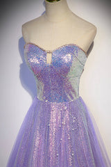 Party Dress Bling, Purple Sequins Long A-Line Prom Dress, Purple Strapless Evening Graduation Dress
