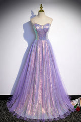 Party Dresses Purple, Purple Sequins Long A-Line Prom Dress, Purple Strapless Evening Graduation Dress