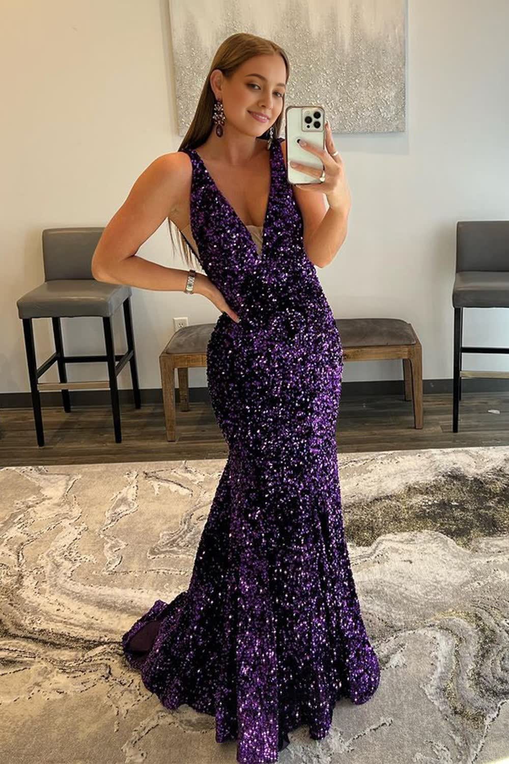 Purple Sequins Prom Dress