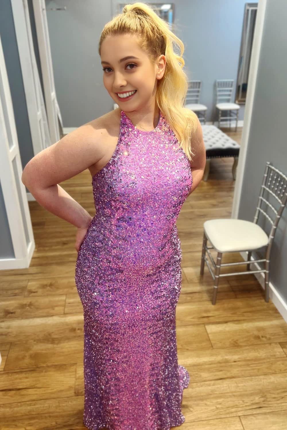 Purple Sheath Lace-Up Back Sequins Prom Dress