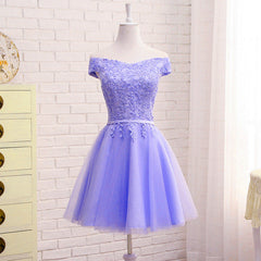Unique Prom Dress, Purple Short Sleeves Lace Off Shoulder Party Dress, Cute Purple Homecoming Dress