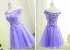 Grad Dress, Purple Short Sleeves Lace Off Shoulder Party Dress, Cute Purple Homecoming Dress