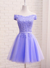 Purple Dress, Purple Short Sleeves Lace Off Shoulder Party Dress, Cute Purple Homecoming Dress