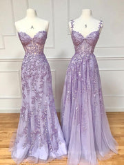 Strapless Prom Dress, Purple sweetheart neck lace long prom dress, lace formal graduation dress