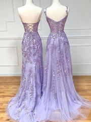 Backless Dress, Purple sweetheart neck lace long prom dress, lace formal graduation dress