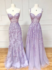 Prom Dresses Classy, Purple Sweetheart Neck Lace Long Prom Dresses, Purple Lace Graduation Dress