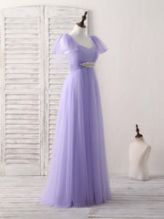 Bridesmaids Dress Floral, Purple Sweetheart Neck Tulle Long Prom Dress Purple Bridesmaid Dress