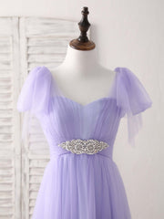 Bridesmaids Dresses Floral, Purple Sweetheart Neck Tulle Long Prom Dress Purple Bridesmaid Dress