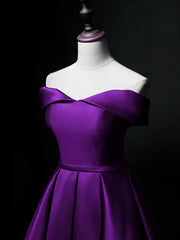 Prom Dresses Off The Shoulder, Purple Sweetheart Satin Off Shoulder Homecoming Dresses, Purple Short Prom Dresses