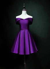 Prom Dresses 2022, Purple Sweetheart Satin Off Shoulder Homecoming Dresses, Purple Short Prom Dresses