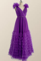 Prom Dresses For Kids, Purple Tiered Ruffles A-line Long Formal Gown