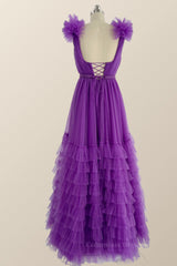 Pink Prom Dress, Purple Tiered Ruffles A-line Long Formal Gown
