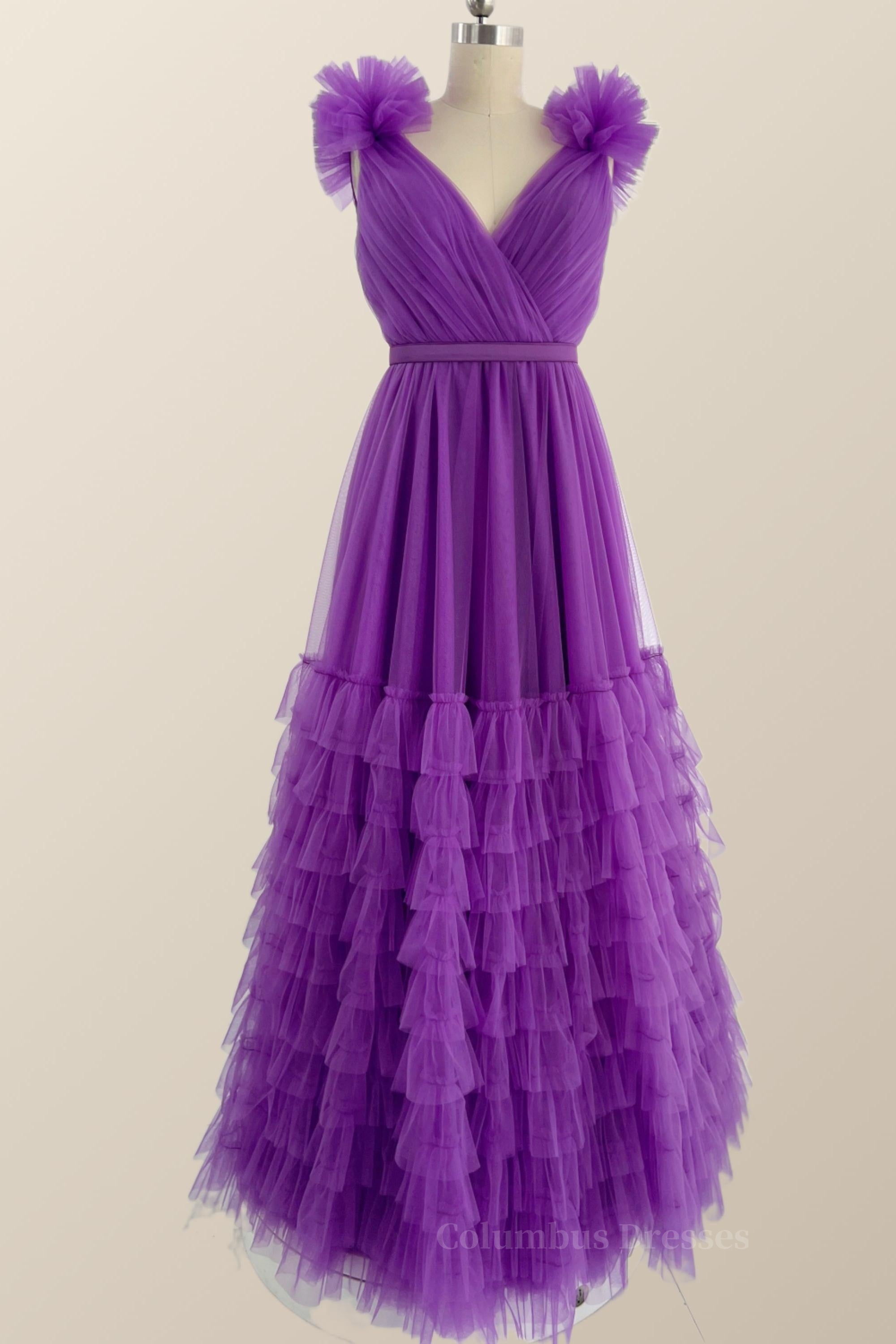 Red Dress, Purple Tiered Ruffles A-line Long Formal Gown