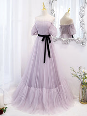 Party Dress And Gown, Purple tulle A line long prom dress, purple bridesmaid dress