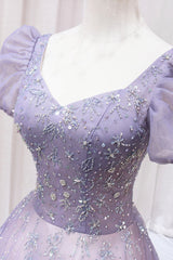 Maxi Dress, Purple Tulle Beaded Long Formal Dress, Cute A-Line Evening Dress