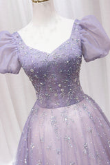 Gold Prom Dress, Purple Tulle Beaded Long Formal Dress, Cute A-Line Evening Dress