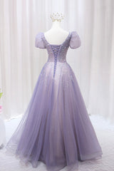 Prom Dress For Kids, Purple Tulle Beaded Long Formal Dress, Cute A-Line Evening Dress