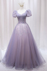 Gown, Purple Tulle Beaded Long Formal Dress, Cute A-Line Evening Dress