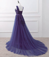 Chiffon Dress, Purple Tulle Beaded Long Formal Party Dress, Dark Purple Evening Dress