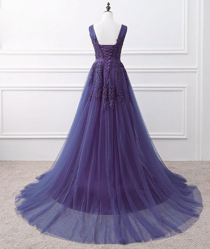 Navy Blue Dress, Purple Tulle Beaded Long Formal Party Dress, Dark Purple Evening Dress