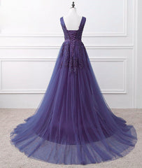 Navy Blue Dress, Purple Tulle Beaded Long Formal Party Dress, Dark Purple Evening Dress