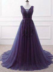 Ethereal Dress, Purple Tulle Beaded Long Formal Party Dress, Dark Purple Evening Dress