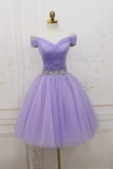 Silk Wedding Dress, Purple Tulle Beaded Short Prom Dress, Off Shoulder Party Dress