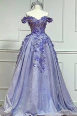 Prom Dress Brands, Purple Tulle Lace Floor Length Prom Dress, Off the Shoulder Evening Dress