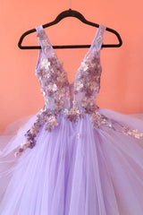 Prom Dresses Prom Dress, Purple Tulle Lace Long A-Line Prom Dress, V-Neck Evening Party Dress