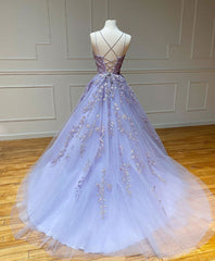 Homecoming Dresses Modest, Purple Tulle Lace Long Prom Gown, Lace Tulle Purple Graduation Dresses