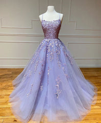 Homecoming Dresses Baby Blue, Purple Tulle Lace Long Prom Gown, Lace Tulle Purple Graduation Dresses