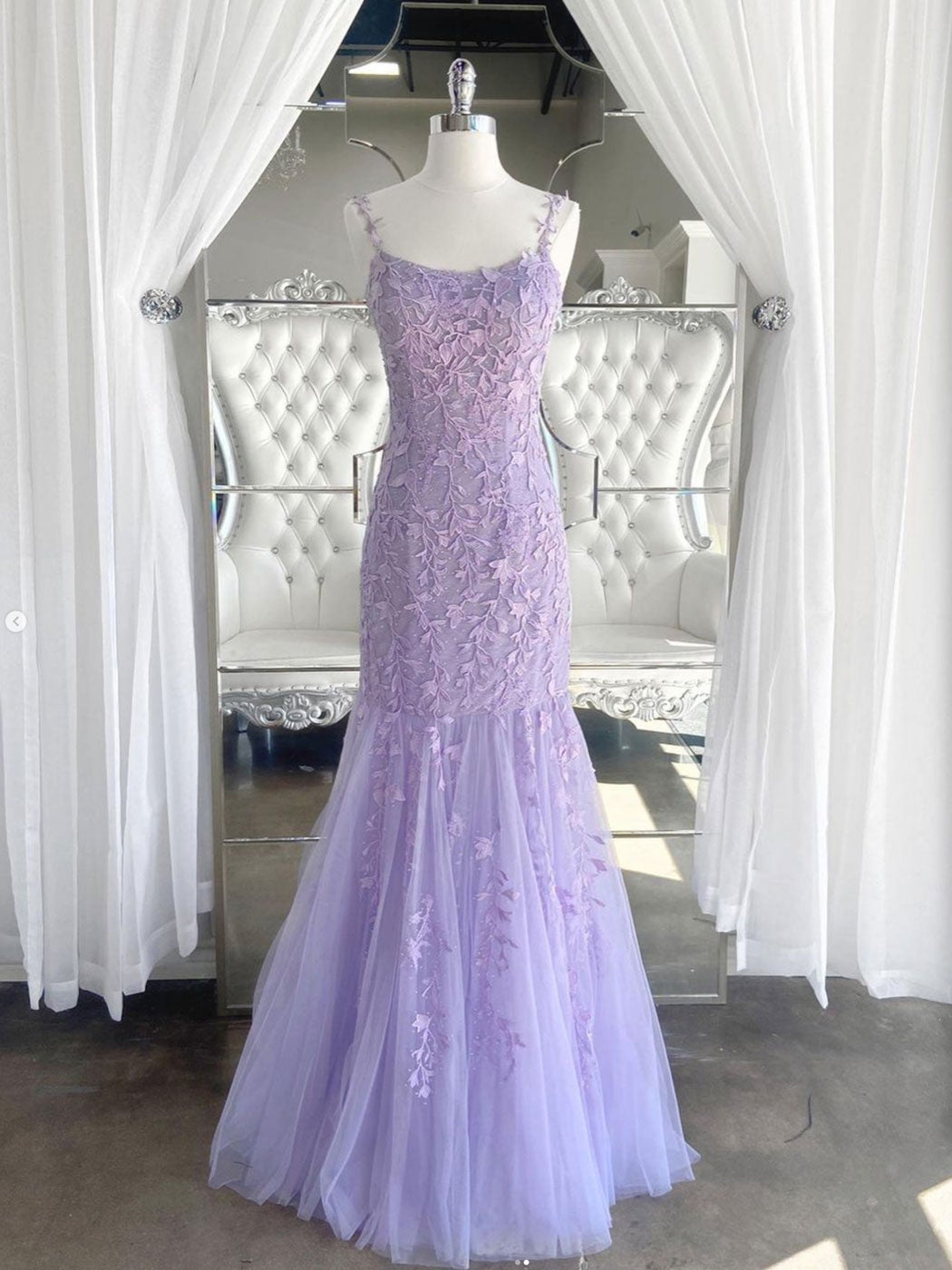 Homecoming Dress Beautiful, Purple tulle lace mermaid long prom dress, purple lace evening dress
