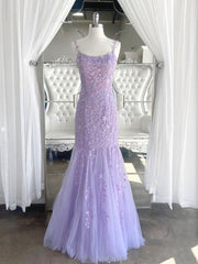 Homecoming Dress Beautiful, Purple tulle lace mermaid long prom dress, purple lace evening dress